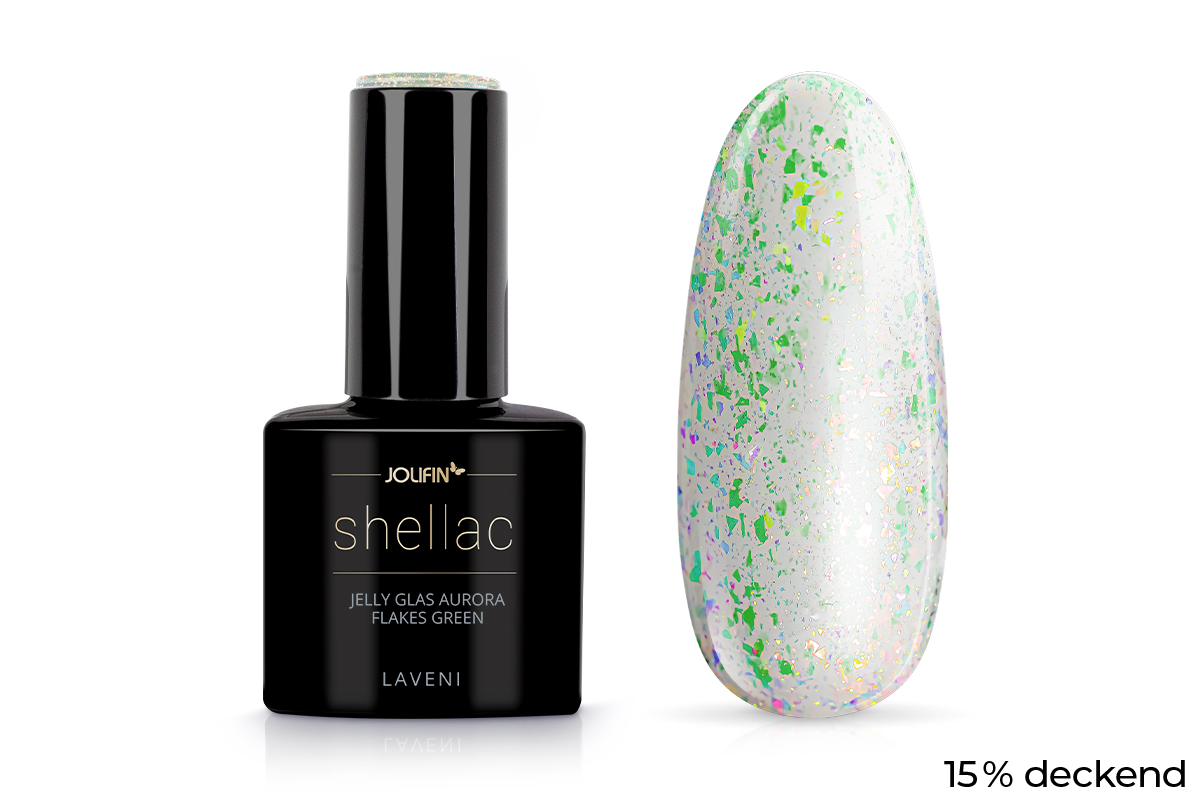 Jolifin LAVENI Shellac - Jelly Glas aurora Flakes green 10ml