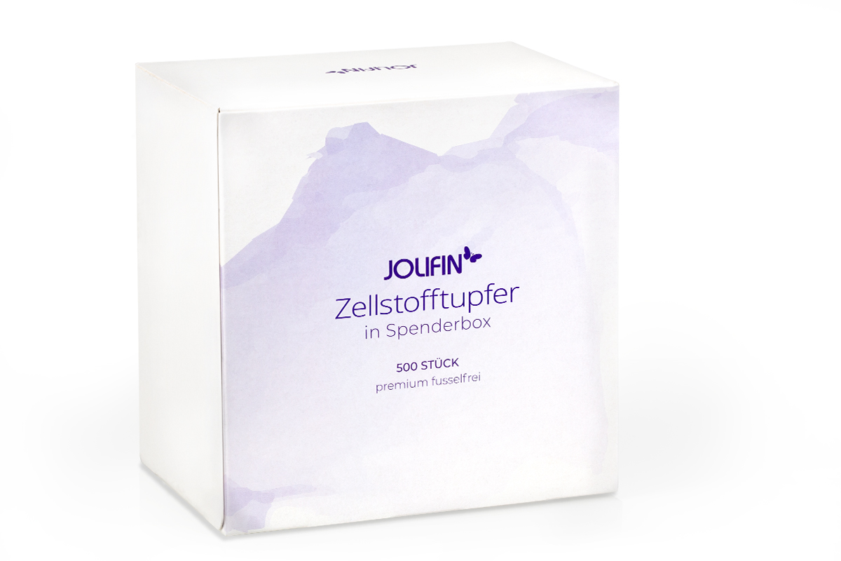 Jolifin 500er Zellstofftupfer in Spenderbox - Premium fusselfrei