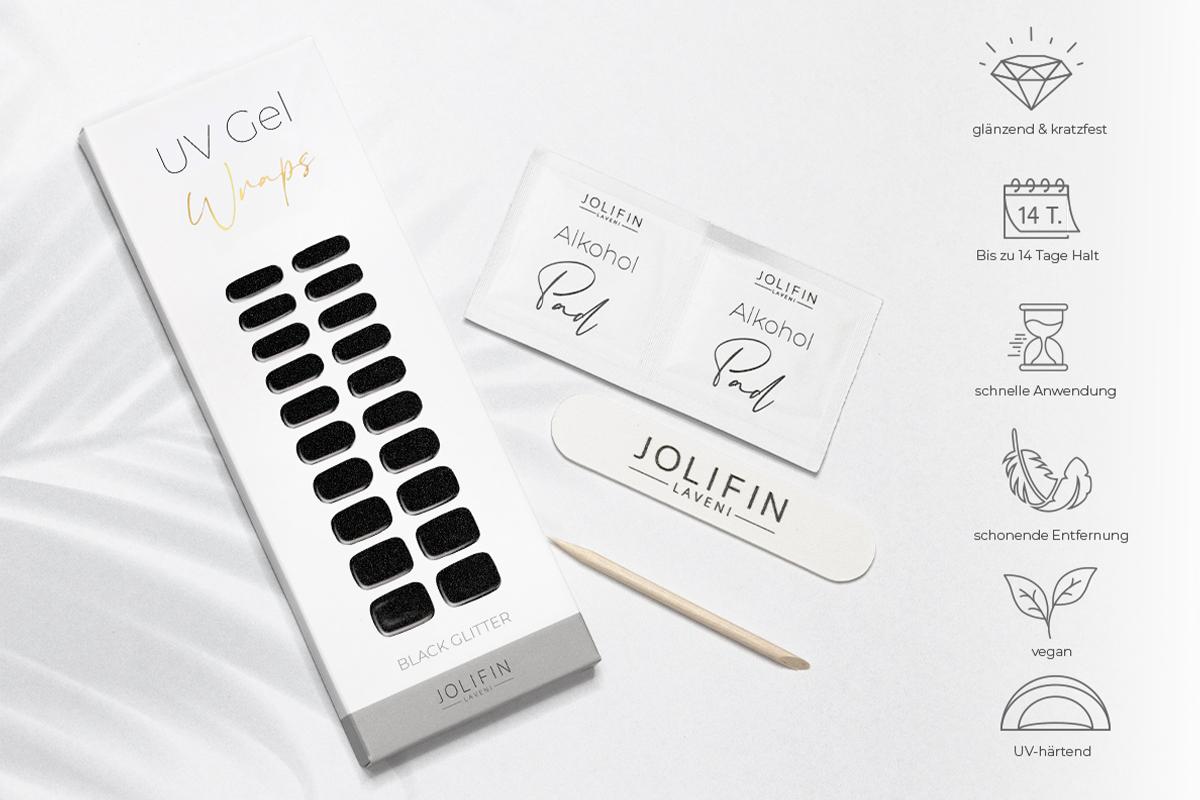 Jolifin LAVENI UV Gel Wraps - black Glitter