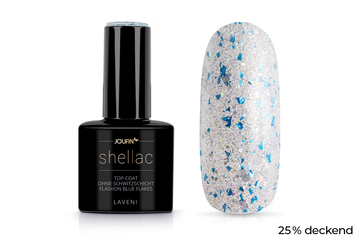 Jolifin LAVENI Shellac - Top-Coat ohne Schwitzschicht FlashOn blue flakes 10ml