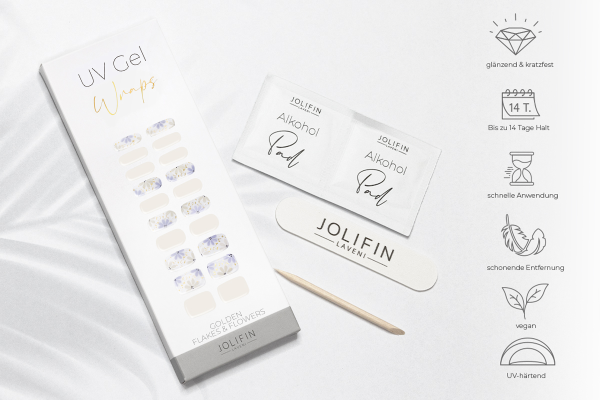 Jolifin LAVENI UV Gel-Wraps - golden flakes & flowers