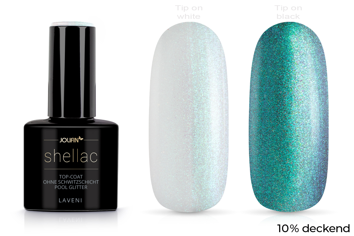 Jolifin LAVENI Shellac - Top-Coat ohne Schwitzschicht pool Glitter 10ml