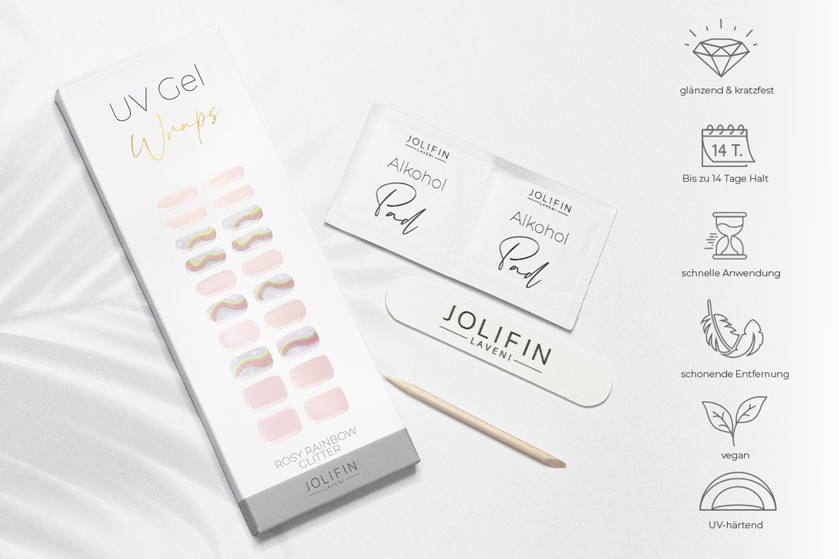 Jolifin LAVENI UV Gel-Wraps - rosy rainbow Glitter