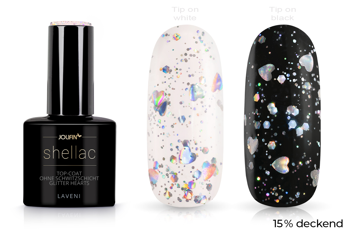 Jolifin LAVENI Shellac - Top-Coat without sweat layer Glitter hearts 10ml
