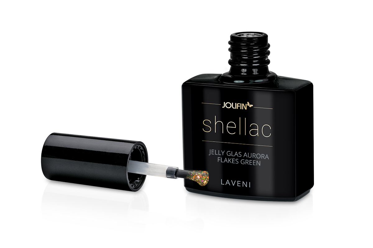 Jolifin LAVENI Shellac - Jelly Glas aurora Flakes green 10ml