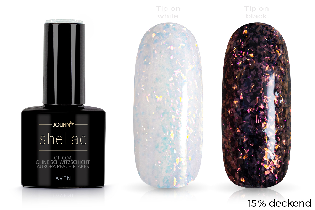 Jolifin LAVENI Shellac - Top-Coat without sweat layer Aurora peach Flakes 10ml