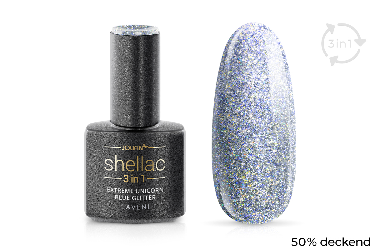 Jolifin LAVENI 3in1 Shellac - extreme unicorn blue Glitter 10ml