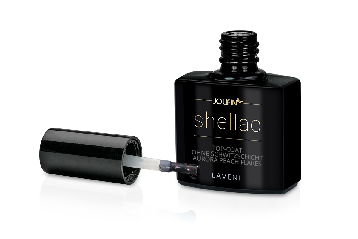 Jolifin LAVENI Shellac - Top-Coat without sweat layer Aurora peach Flakes 10ml