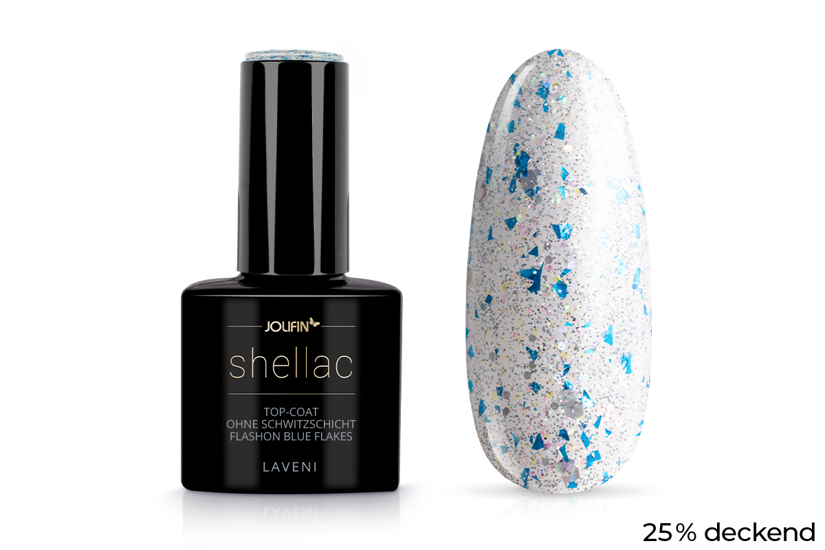 Jolifin LAVENI Shellac - Top-Coat ohne Schwitzschicht FlashOn blue flakes 10ml