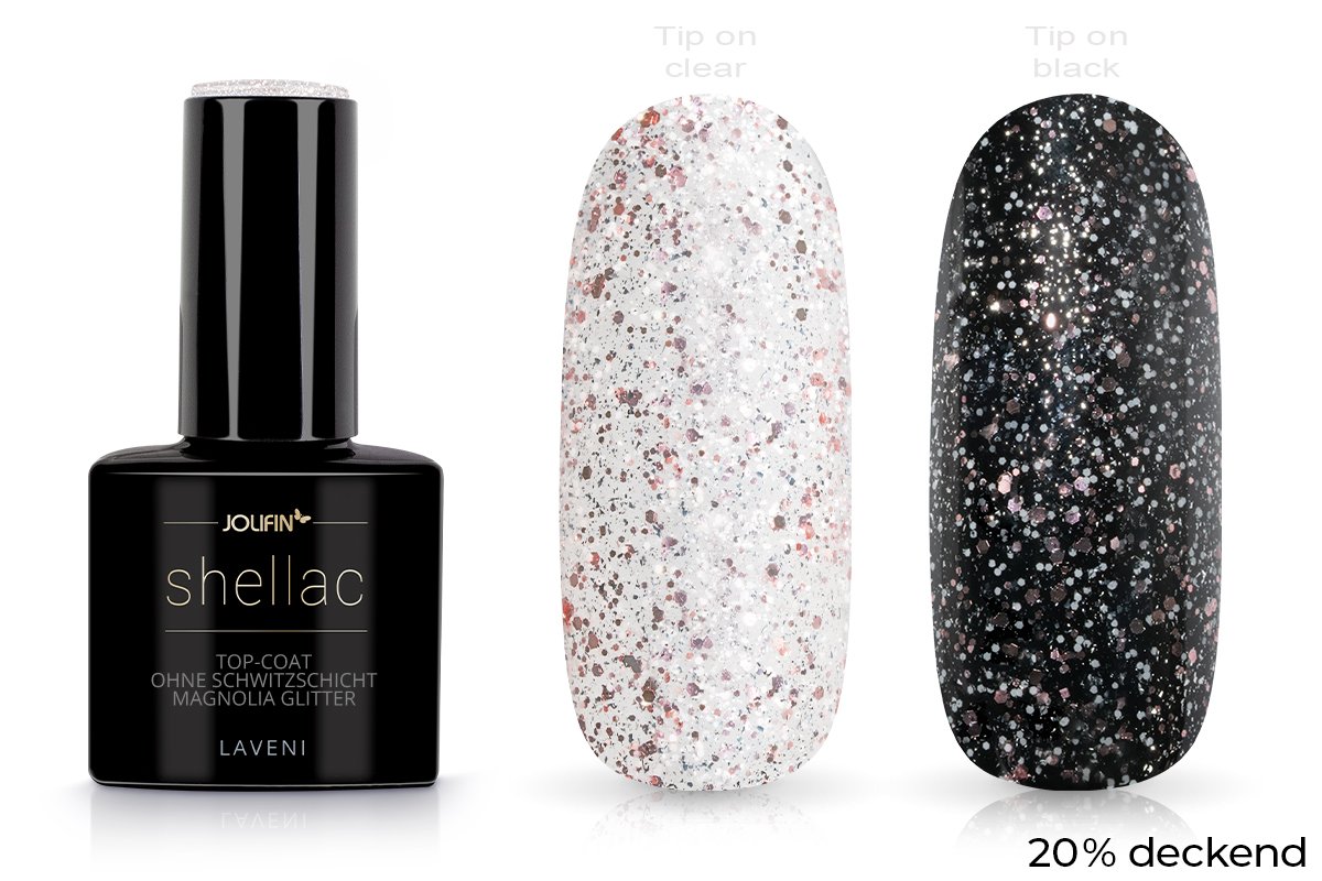 Jolifin LAVENI Shellac - Top-Coat ohne Schwitzschicht magnolia Glitter 10ml