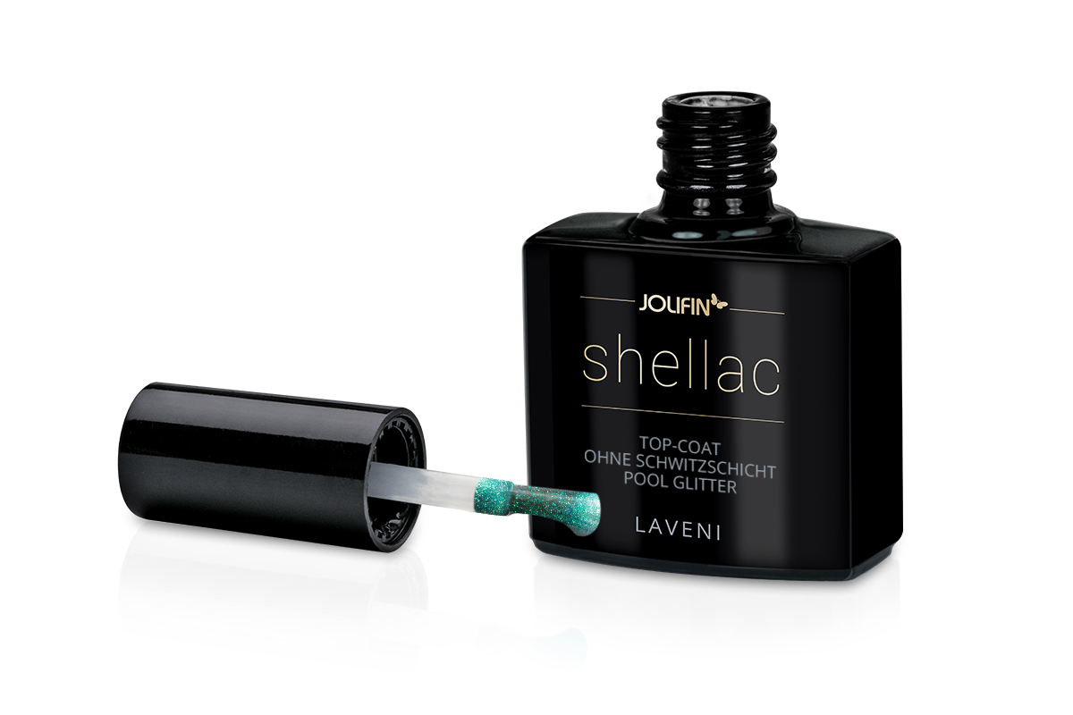 Jolifin LAVENI Shellac - Top-Coat ohne Schwitzschicht pool Glitter 10ml