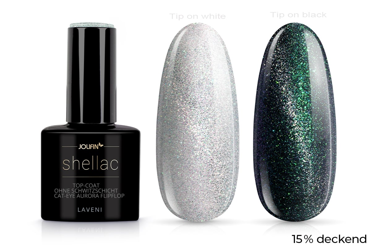 Jolifin LAVENI Shellac - Top-Coat ohne Schwitzschicht Cat-Eye aurora FlipFlop 10ml