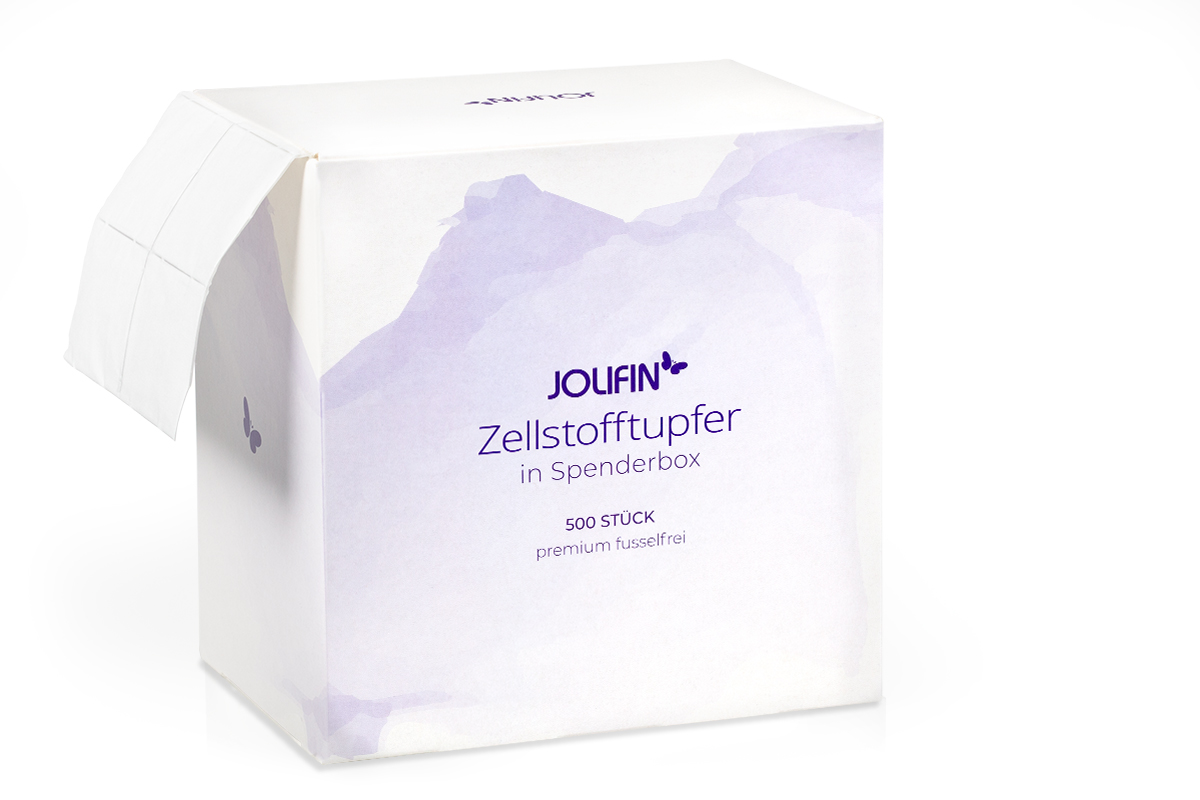 Jolifin 500er Zellstofftupfer in Spenderbox - Premium fusselfrei